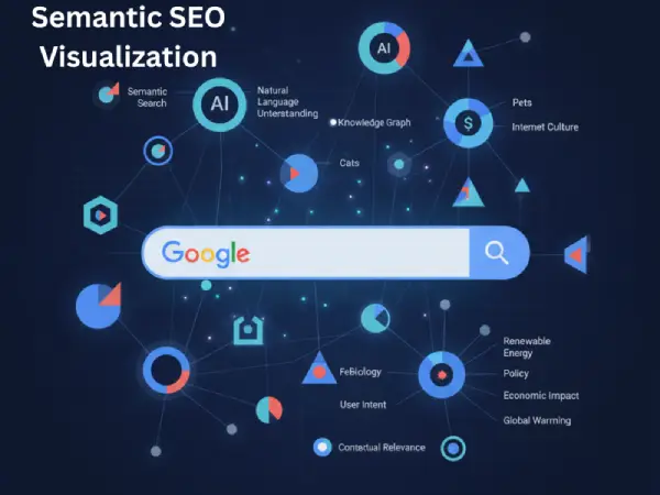 Illustration of semantic SEO concept showing Google understanding connected ideas through a web of entities and topics.