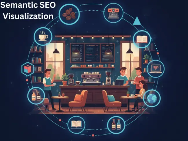 Creative coffee shop illustration showing interconnected coffee-related icons symbolizing a topical knowledge network.