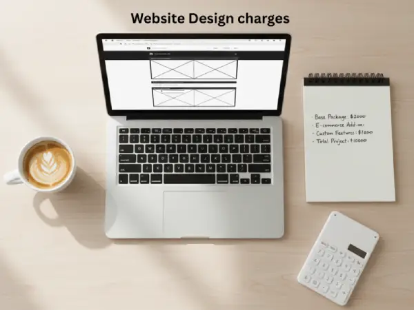 Laptop showing web design cost breakdown with notes and calculator on desk for agency pricing estimation