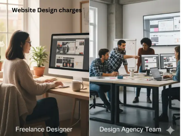 Comparison between freelancer working solo and design agency team collaborating on website project
