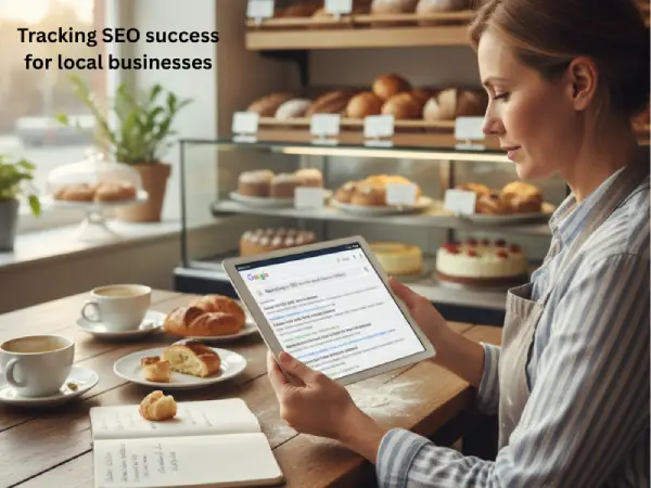 Local bakery owner checking google search results for marketologics seo services impact on small business visibility
