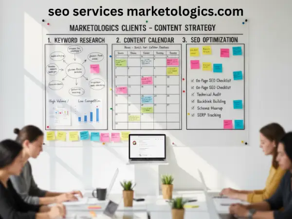 Content marketing strategy board showing keyword research content calendar and seo optimization for marketologics clients