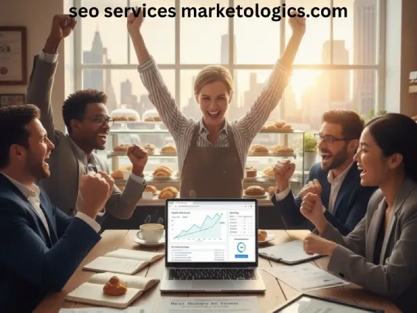 Business owner celebrating successful seo results and increased revenue after partnering with marketologics digital marketing agency