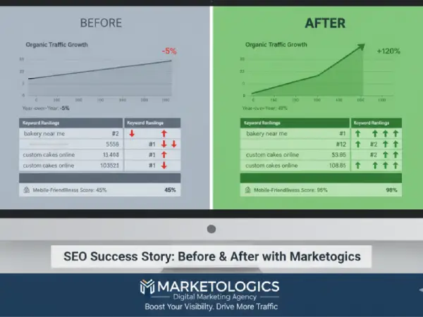 Business owner celebrating successful seo results and increased revenue after partnering with marketologics digital marketing agency