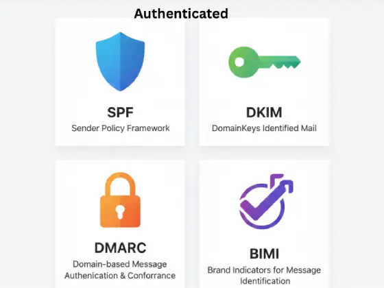 Email authentication protocols illustrated as security badges: SPF with blue shield, DKIM with green key, DMARC with orange lock, and BIMI with purple verified checkmark