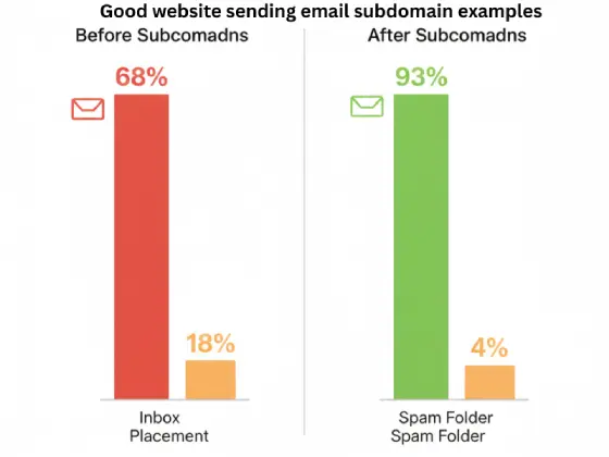 Before and after bar chart comparing email performance: 68% inbox placement and 18% spam rate before subdomains improved to 93% inbox placement and 4% spam rate after subdomain implementation