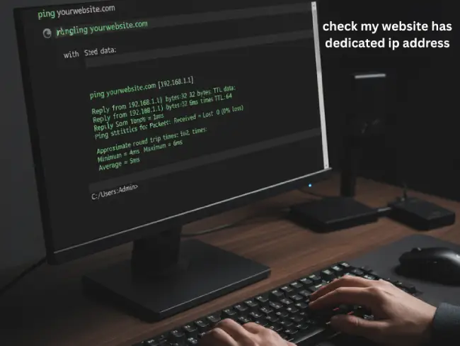 Close-up of a computer screen running the ping command to check website IP address using command prompt.