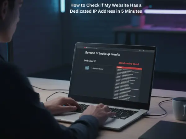 Laptop screen showing reverse IP lookup results with multiple domains, demonstrating how to find if a website has a shared or dedicated IP