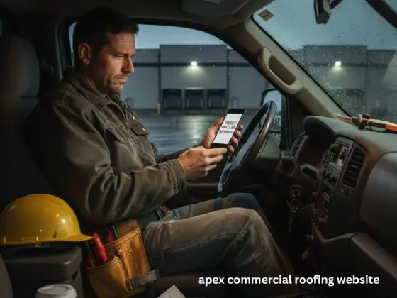 Commercial roofing contractor sitting in truck at night reading disappointing text message on phone with rain on windshield