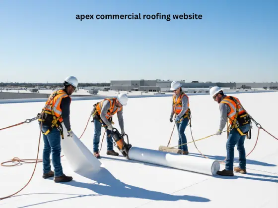 Professional commercial roofing team in safety equipment working on warehouse roof installation project