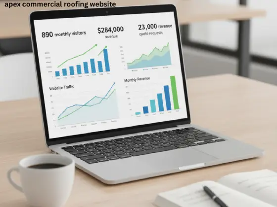 Commercial roofing website analytics showing monthly traffic growth and revenue results from professional web design