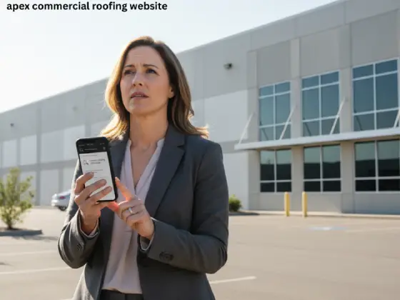 Commercial property manager researching roofing contractors on mobile phone while inspecting building roof