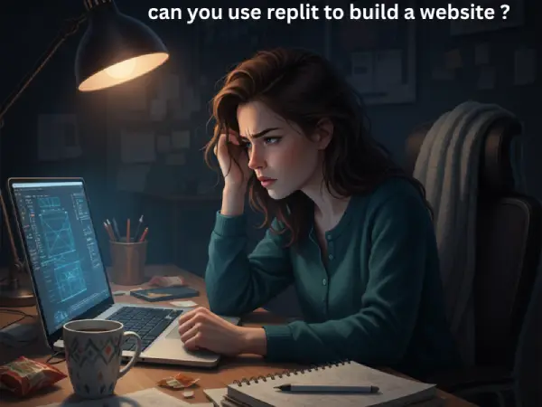 Freelance designer working late at night on laptop trying to build website with limited budget