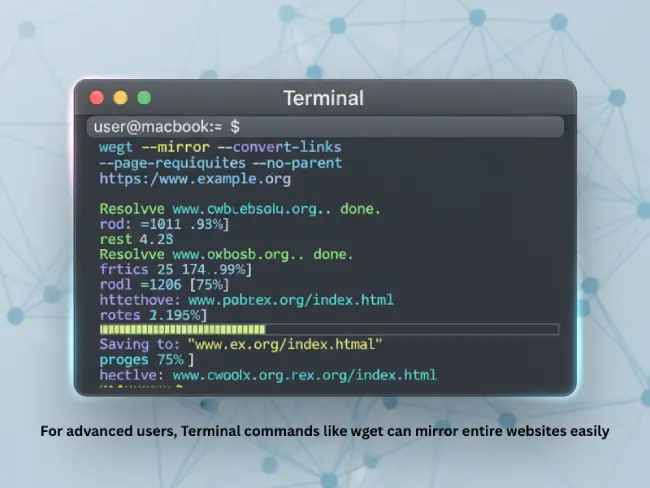 Vector art of Mac Terminal window running wget command to mirror a website.