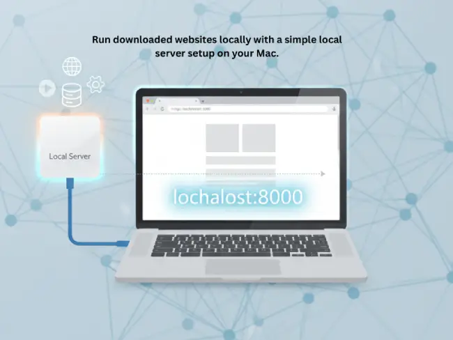 Illustration of laptop and local server showing localhost:8000 connection.