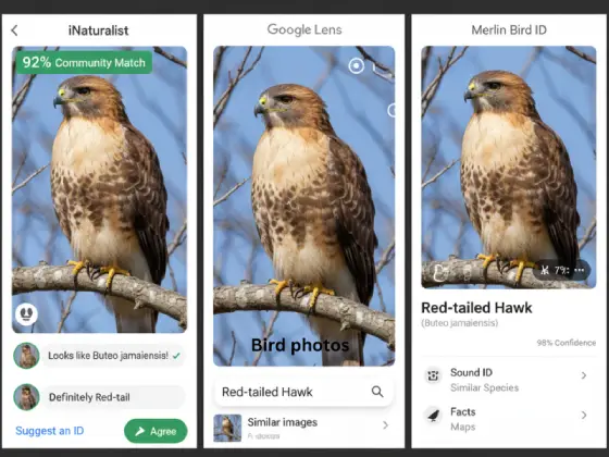 Split screen comparison showing iNaturalist Google Lens and Merlin Bird ID apps identifying same hawk photo with different interface features